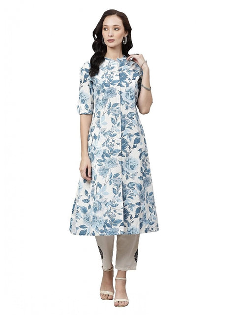Women's Cotton Printed Floral Print Kurti (White, Blue, Cotton)