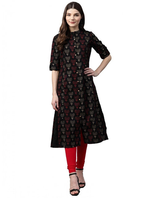 Women's Cotton Printed A Line Kurti (Black, Cotton)