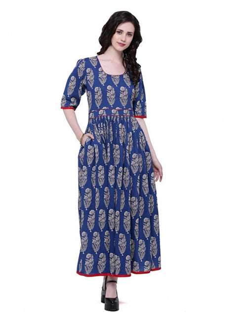 Women's Cotton Printed Anarkali Kurti (Blue, Cotton)