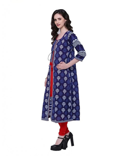 Women's Cotton Printed Long Kurti (Blue, Red, Cotton)