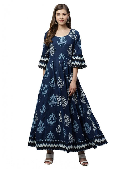 Women's Cotton  Printed Regular Kurti (Blue, Cotton )