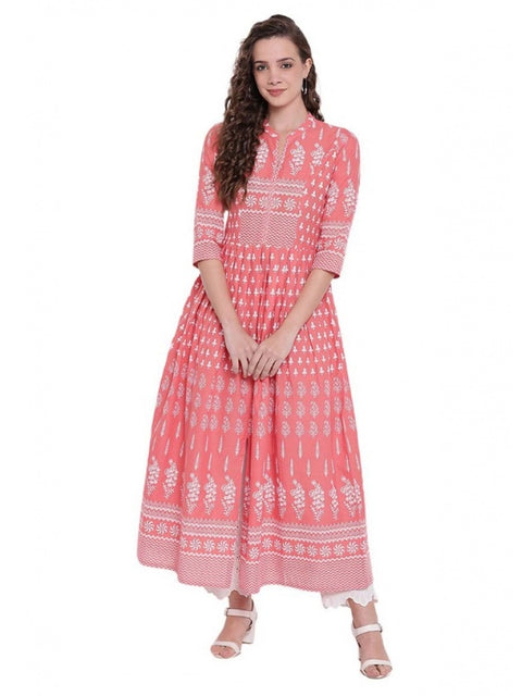 Generic Women's Cotton Printed Regular Kurti (Peach, Cotton)