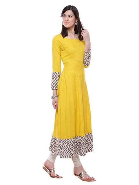 Women's Rayon Printed Solid Anarkali Kurti (Yellow, Rayon)