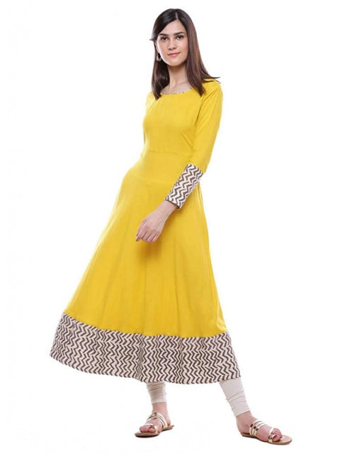 Women's Rayon Printed Solid Anarkali Kurti (Yellow, Rayon)