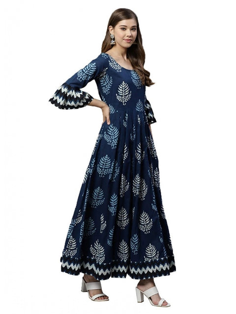 Women's Cotton  Printed Regular Kurti (Blue, Cotton )