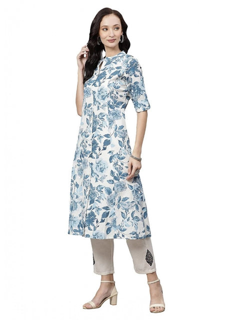 Women's Cotton Printed Floral Print Kurti (White, Blue, Cotton)