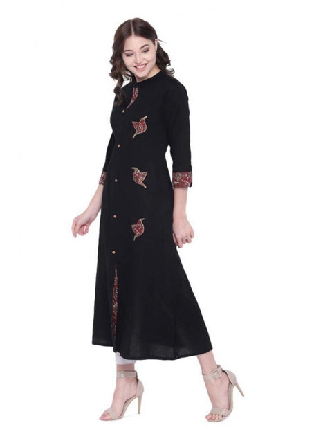 Women's Khadi Printed A Line Kurti  (Black, Khadi)