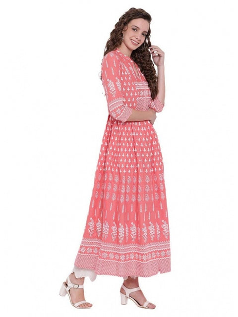 Generic Women's Cotton Printed Regular Kurti (Peach, Cotton)