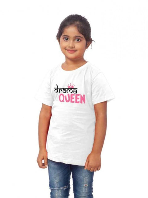 Girls Cotton Drama Queen Half Sleeve TShirt (White)
