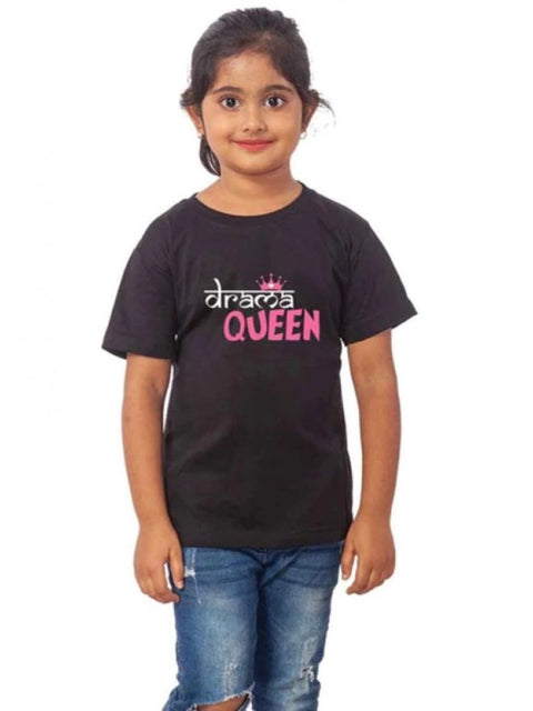 Girls Cotton Drama Queen Half Sleeve TShirt (Black)