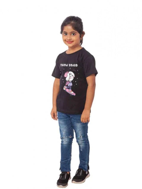Generic Girls Cotton Snow Board Half Sleeve TShirt (Black)