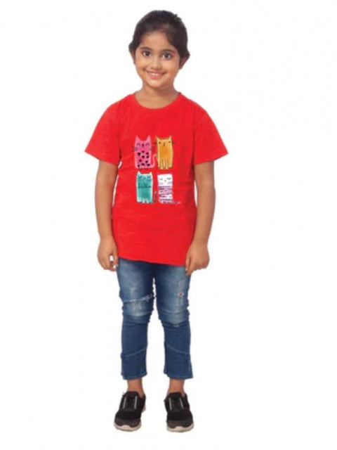 Generic Girls Cotton Cat Half Sleeve TShirt (Red)