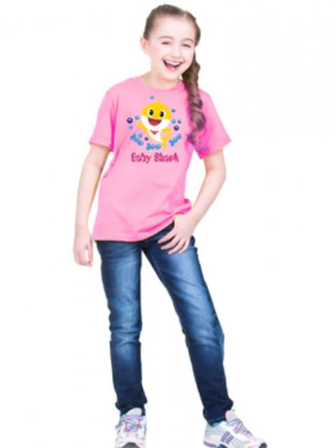 Generic Girls Cotton Baby Shark Half Sleeve TShirt (Pink)