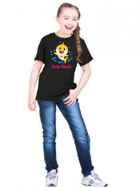 Generic Girls Cotton Baby Shark Half Sleeve TShirt (Black)