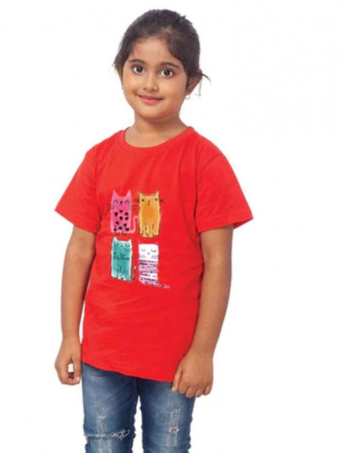 Generic Girls Cotton Cat Half Sleeve TShirt (Red)