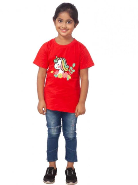 Generic Girls Cotton Unicorn Face Half Sleeve TShirt (Red)