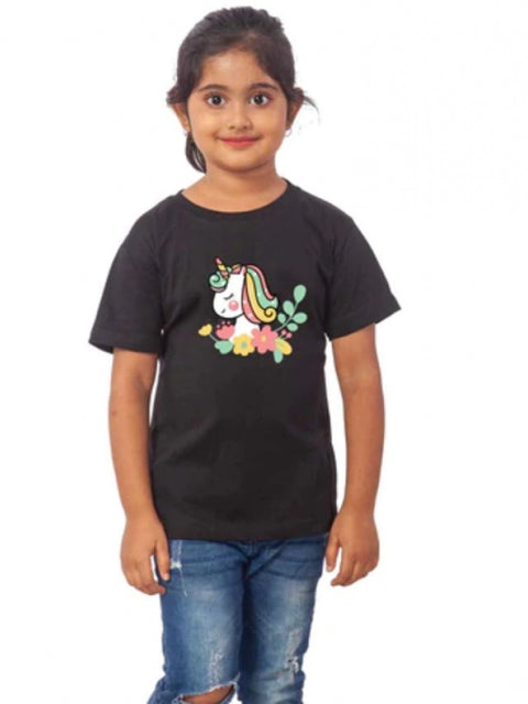 Generic Girls Cotton Unicorn Face Half Sleeve TShirt (Black)