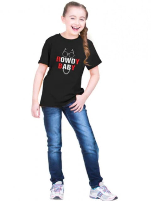 Generic Girls Cotton Rowdy Baby Half Sleeve TShirt (Black)