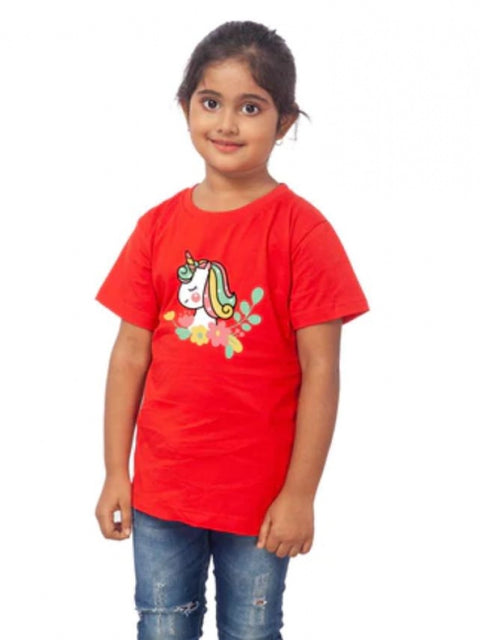 Generic Girls Cotton Unicorn Face Half Sleeve TShirt (Red)