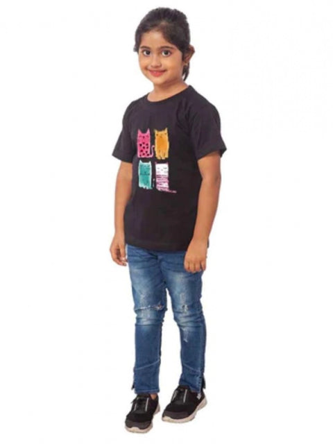 Girls Cotton Cat Half Sleeve TShirt (Black)