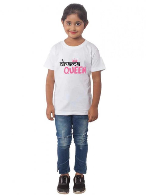 Girls Cotton Drama Queen Half Sleeve TShirt (White)