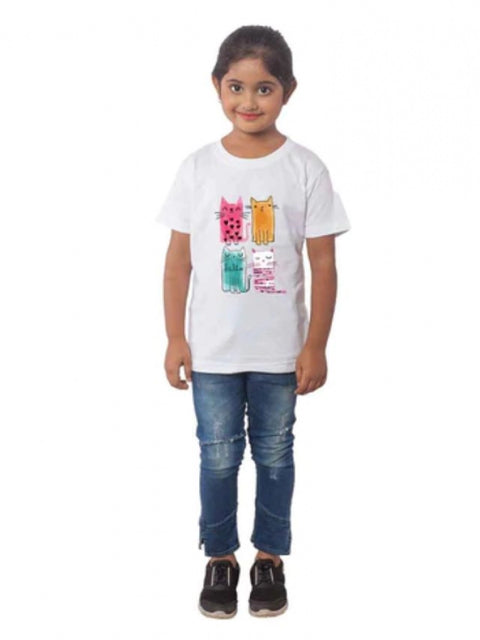Generic Girls Cotton Cat Half Sleeve TShirt (White)