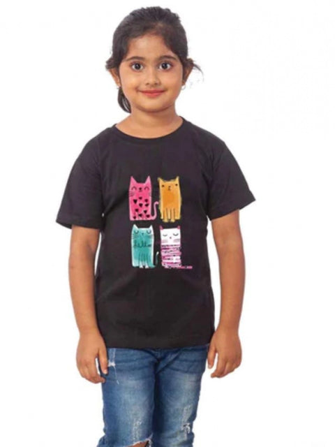 Girls Cotton Cat Half Sleeve TShirt (Black)