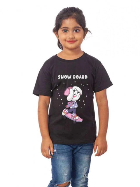 Generic Girls Cotton Snow Board Half Sleeve TShirt (Black)