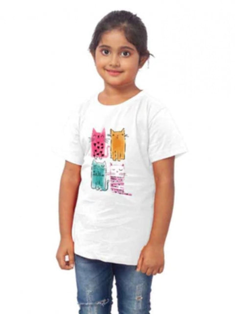 Generic Girls Cotton Cat Half Sleeve TShirt (White)