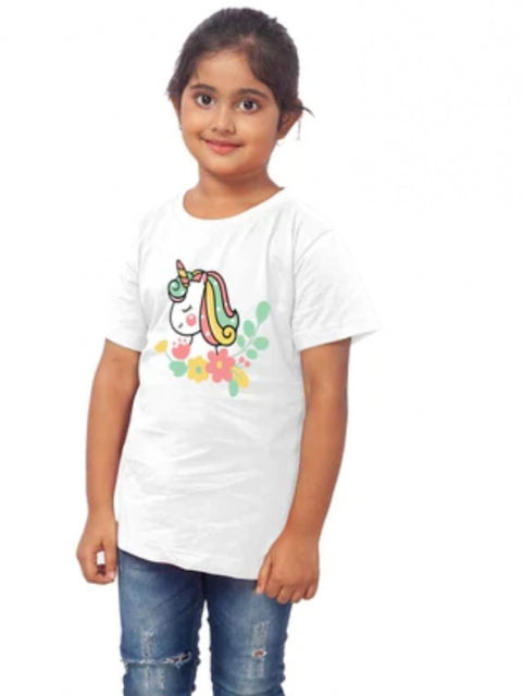 Generic Girls Cotton Unicorn Face Half Sleeve TShirt (White)