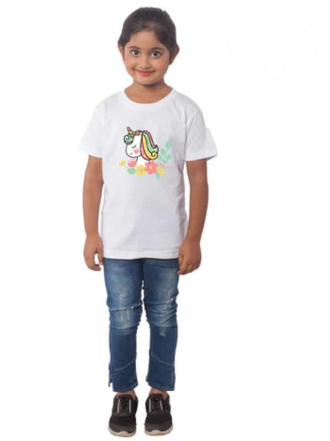 Generic Girls Cotton Unicorn Face Half Sleeve TShirt (White)