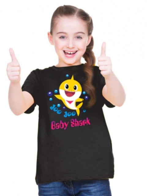 Generic Girls Cotton Baby Shark Half Sleeve TShirt (Black)