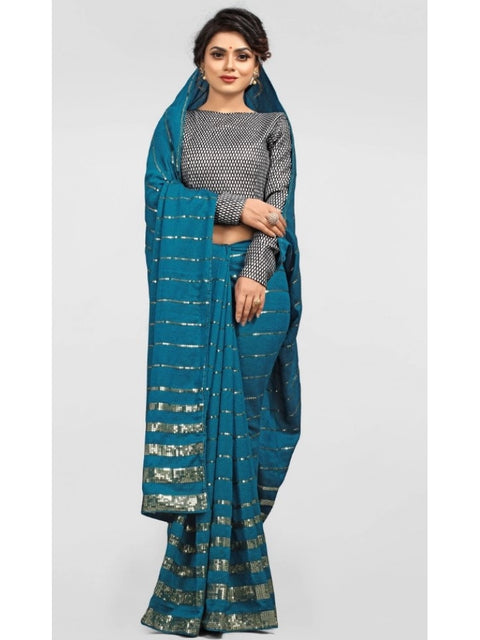 Women's Vichitra Saree with Blouse (Rama, 5-6 Mtrs)