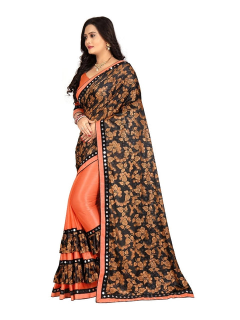 Women's Lycra Blend Saree with Blouse (Orange, 5-6 Mtrs)