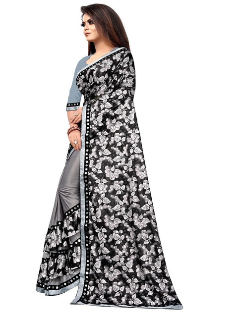 Women's Lycra Blend Saree with Blouse (Grey, 5-6 Mtrs)
