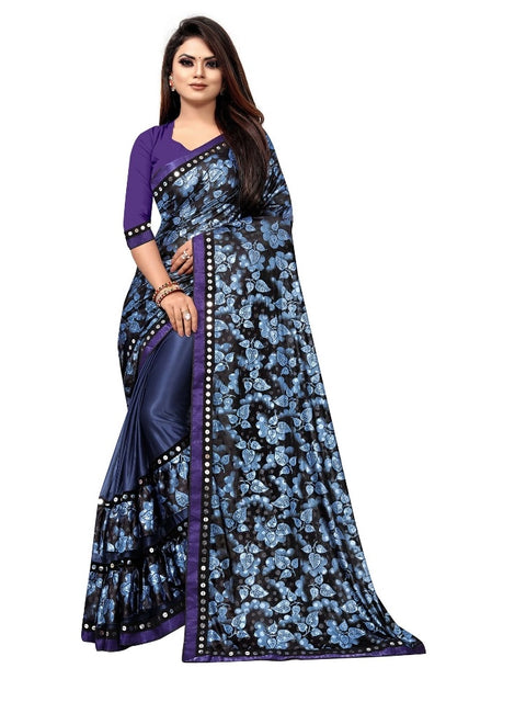 Women's Lycra Blend Saree with Blouse (Blue, 5-6 Mtrs)