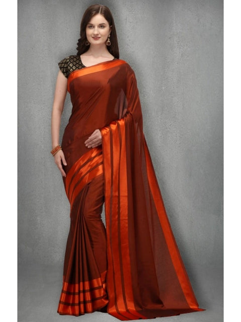Women's Satin Silk Saree with Blouse (Orange, 5-6 Mtrs)