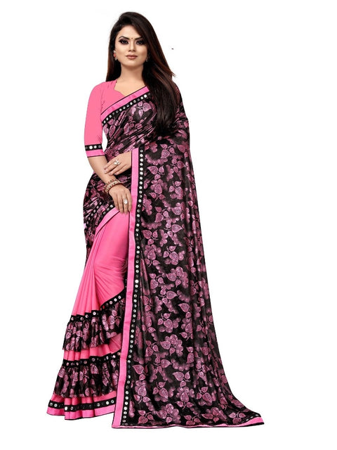 Women's Lycra Blend Saree with Blouse (Pink, 5-6 Mtrs)