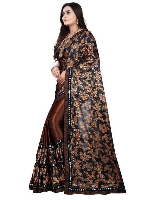 Women's Lycra Blend Saree with Blouse (Coffee, 5-6 Mtrs)