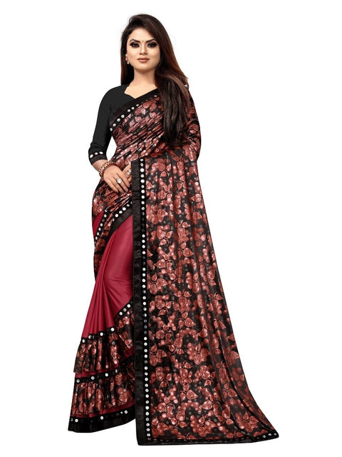 Women's Lycra Blend Saree with Blouse (Red, 5-6 Mtrs)