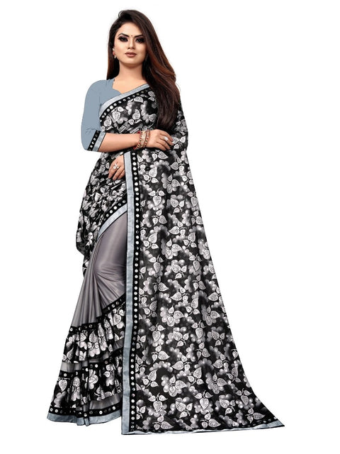 Women's Lycra Blend Saree with Blouse (Grey, 5-6 Mtrs)