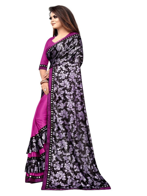 Women's Lycra Blend Saree with Blouse (Purple, 5-6 Mtrs)