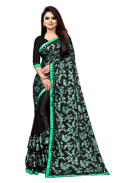 Women's Lycra Blend Saree with Blouse (Green, 5-6 Mtrs)