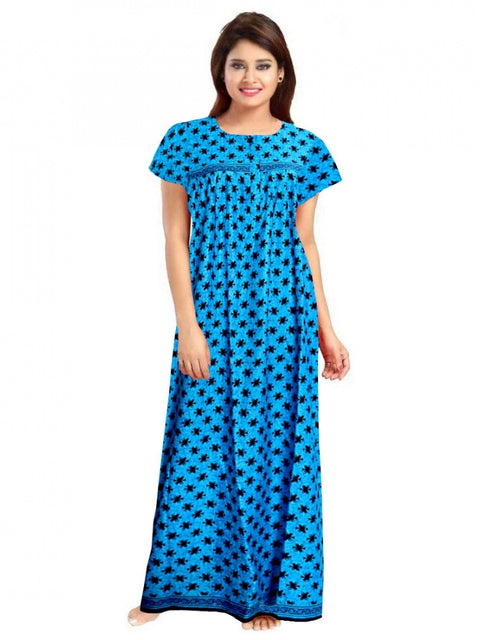 Generic Women's Cotton Printed Maxi Nighty (Aqua Blue)