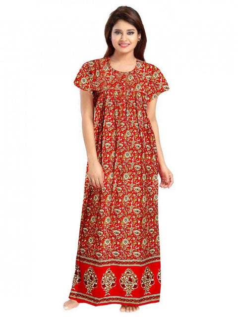 Women's Cotton Printed Maxi Nighty (Red)