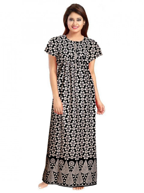 Generic Women's Cotton Printed Maxi Nighty (Black)