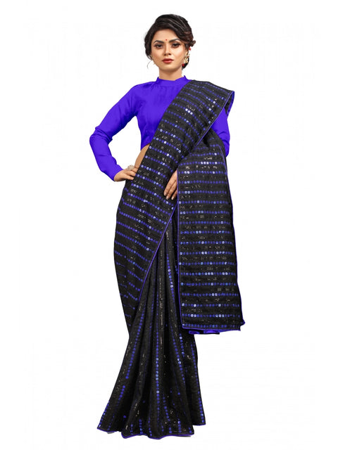 Women's Vichitra Saree with Blouse (Blue, 5-6 Mtrs)