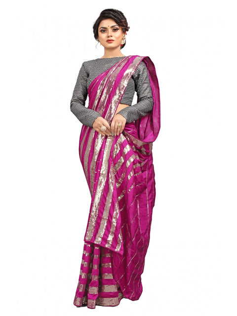 Women's Vichitra Saree with Blouse (Pink, 5-6 Mtrs)