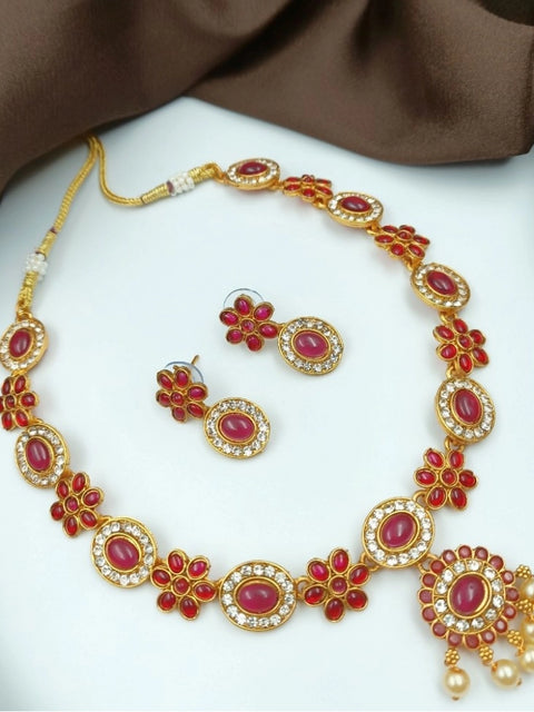 Generic Women's Gold Plated Traditional Necklace and Earrings Set (Red, Free Size)