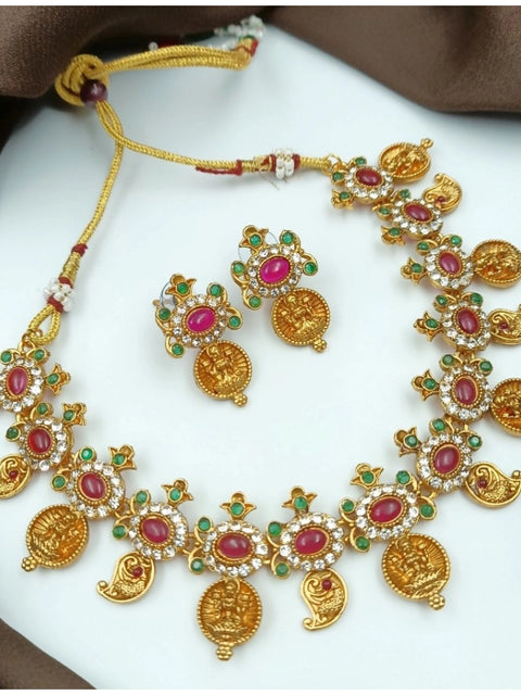 Generic Women's Gold Plated Traditional Necklace and Earrings Set (Multi Color, Free Size)